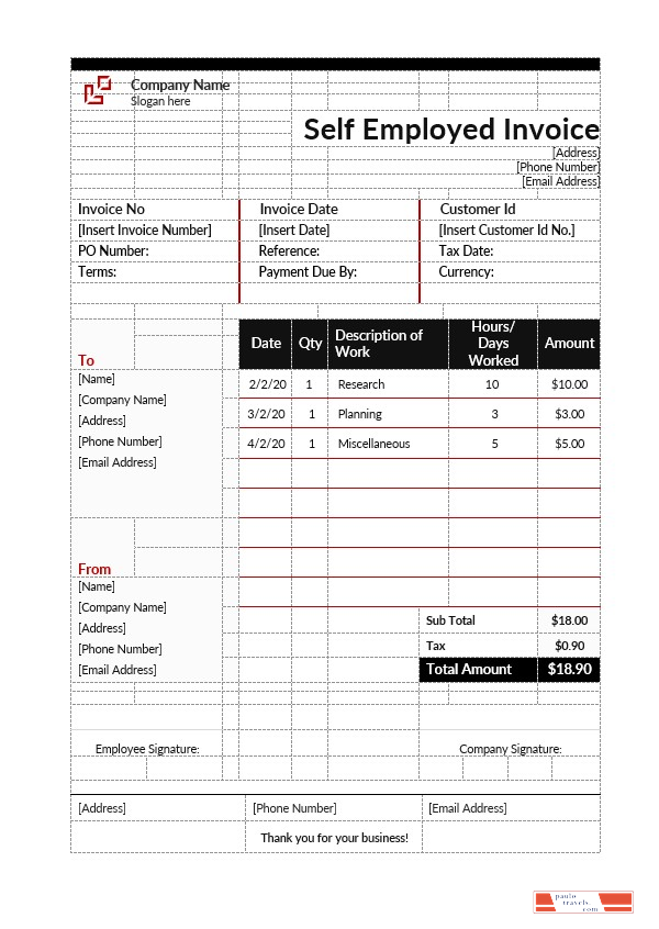 Self Employment Hourly Invoice Template PSD template